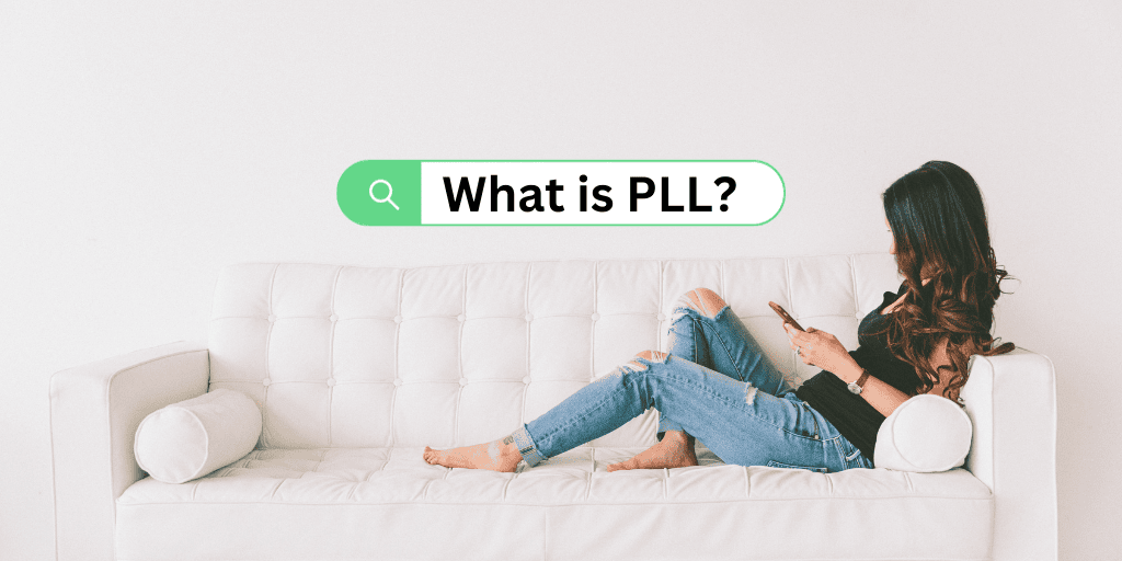 Young woman in torn jeans and black shirt with long, dark hair sets on a white couch and searches What is PLL using her smart phone